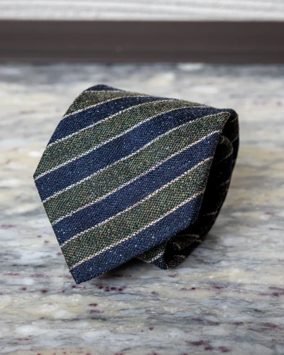 Krawat jedwabno-lniany w granatowo-zielone pasy