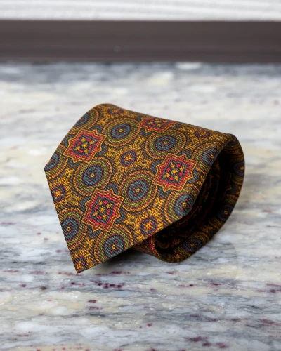 Krawat jedwabny brązowy we wzór vintage