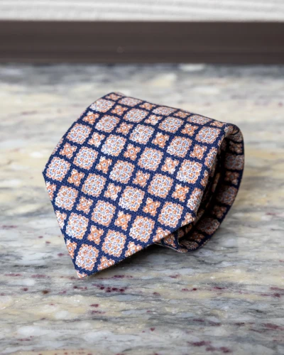Krawat jedwabny granatowy w pomarańczowy ornament