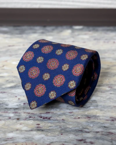 Krawat jedwabny niebieski w okrągłe ornamenty