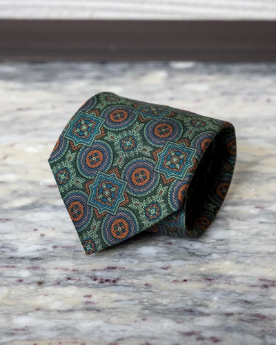 Krawat jedwabny zielony we wzór vintage