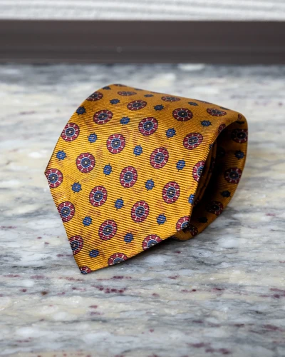Krawat jedwabny żółty dwustronny w ornamenty