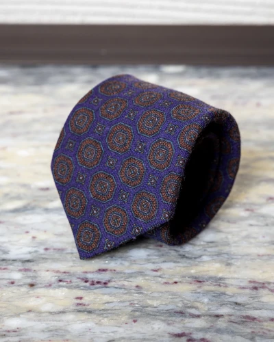 Krawat wełniany fioletowy w pomarańczowe ornamenty