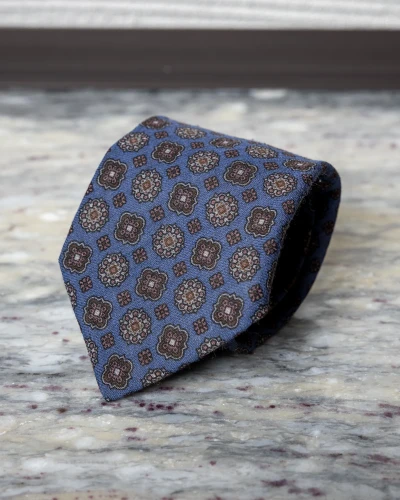 Krawat wełniany niebieski w brązowe ornamenty