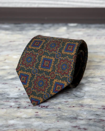 Krawat wełniany zielony w duże medaliony