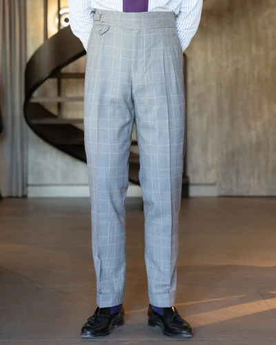 Szare spodnie w kratę z zapięciem na pierścień z tkaniny Drago